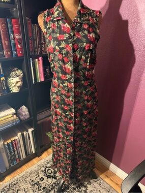 Basic editions sleevless black Floral button front Maxi Dress-vintage Whimsigoth